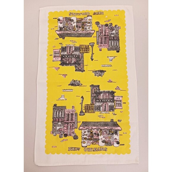 VTG S/2 Suzanne Meister Linen Tea Towels New Orleans Landmarks Red Yellow 16X28 - Picture 7 of 11